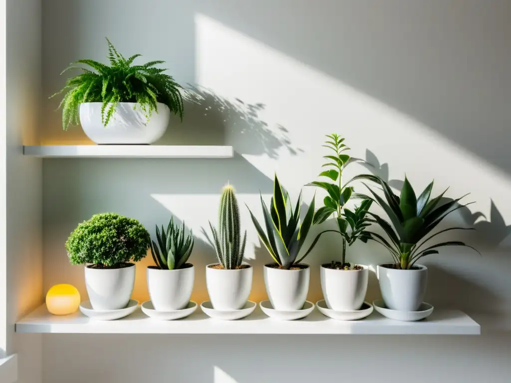 Taller de jardinería interior con plantas verdes y florecientes en estantes blancos, creando un oasis sereno en la decoración urbana