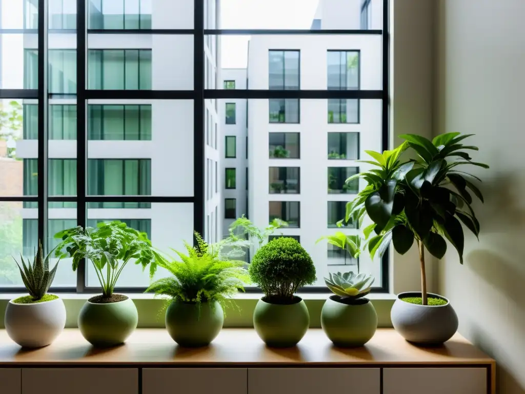 Taller de jardinería interior en un sofisticado jardín urbano minimalista con plantas verdes vibrantes y líneas limpias en un apartamento moderno