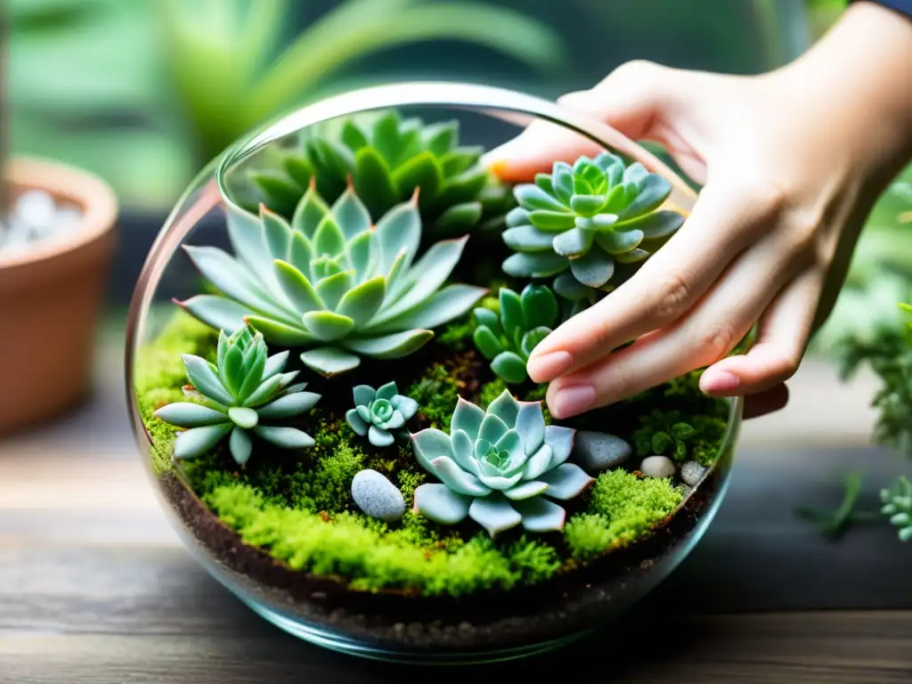 Taller de terrarios para plantas: Creación meticulosa de un paisaje en miniatura dentro de un terrario de vidrio