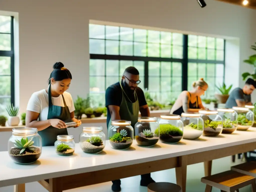 Un taller de terrarios para plantas en un espacio luminoso y comunitario donde se comparte conocimiento creativamente