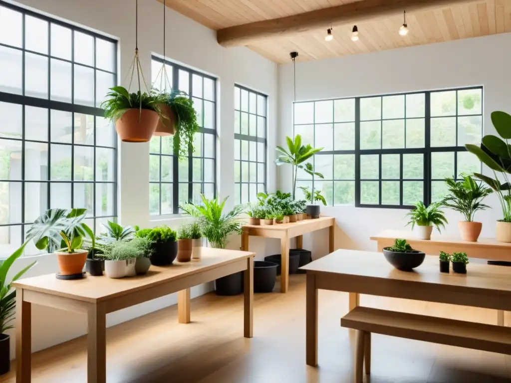 Talleres para amantes de plantas de interior: Un espacio minimalista con plantas exuberantes y una atmósfera serena de cuidado y dedicación