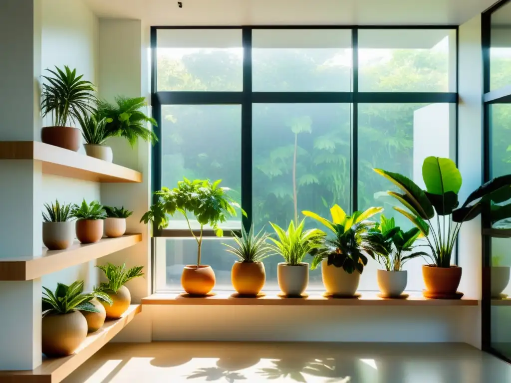 Talleres para amantes de plantas de interior: Espacio interior sereno con plantas variadas en estantes modernos, bañado por luz natural