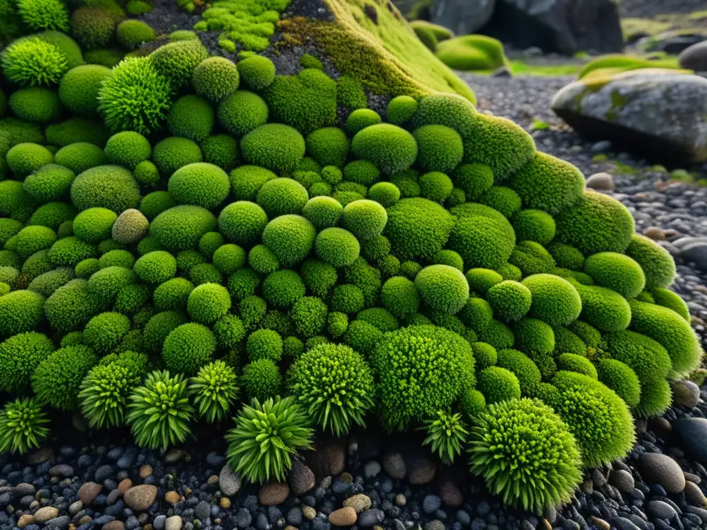 Un tapiz exuberante de musgo islandés cubre un paisaje rocoso, mostrando la belleza delicada y resistente de esta planta en su entorno natural