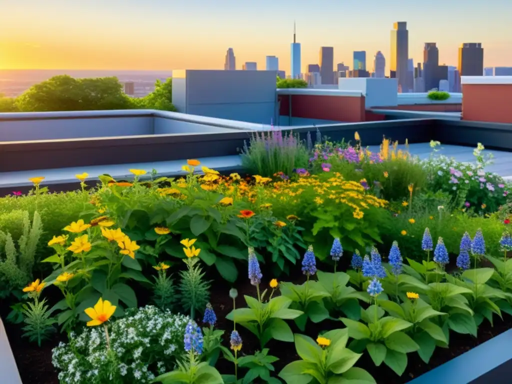 Un jardín de techo exuberante con flores silvestres coloridas en plena floración