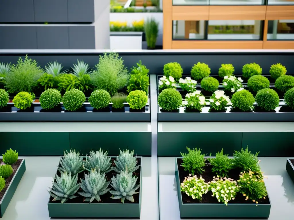 Jardín de terraza moderno con sistema de riego inteligente Un jardín de techo moderno con sistemas de riego inteligente integrados, plantas exuberantes y arreglos geométricos