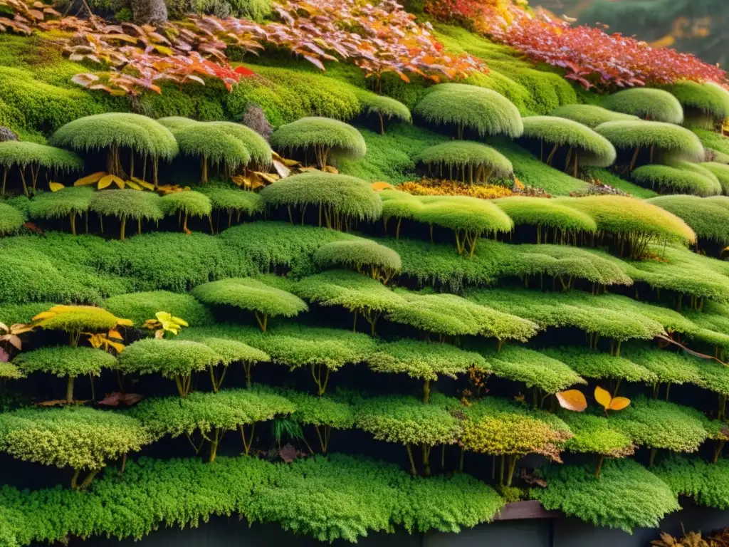 Un techo verde cuidado en otoño, muestra la red de raíces, follaje vibrante en tonos verdes, dorados y rojos, y la delicada mezcla de musgo y líquenes