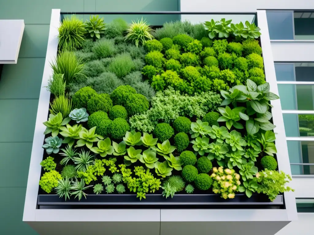 Un techo verde interior con plantas vibrantes en un diseño geométrico, bajo una luz natural