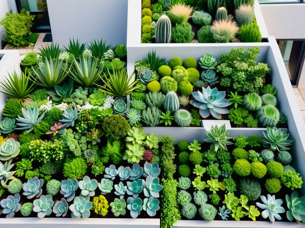 Jardín de techos verdes con plantas variadas y diseño estructurado, creando equilibrio en ambiente urbano