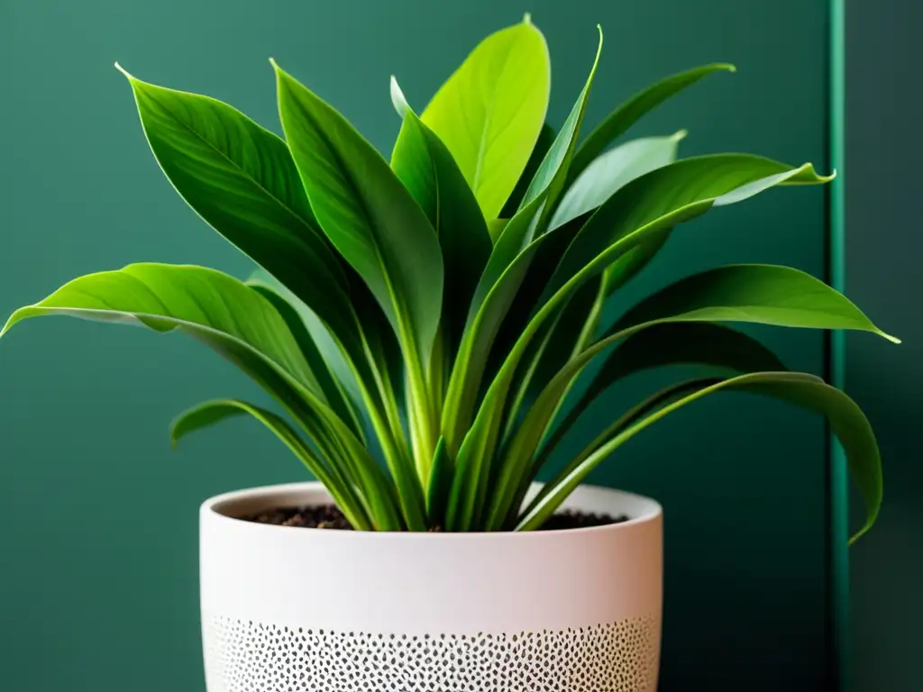 Técnica avanzada cuidado plantas interiores: Una exuberante planta de interior en maceta minimalista, bañada por suave luz natural