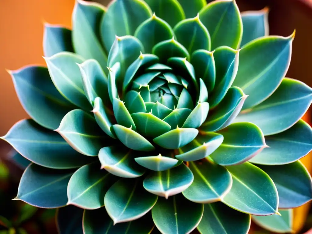 Técnica creativa de fotografía de plantas de interior: Detalle de una suculenta con patrones geométricos y texturas vibrantes, iluminada suavemente