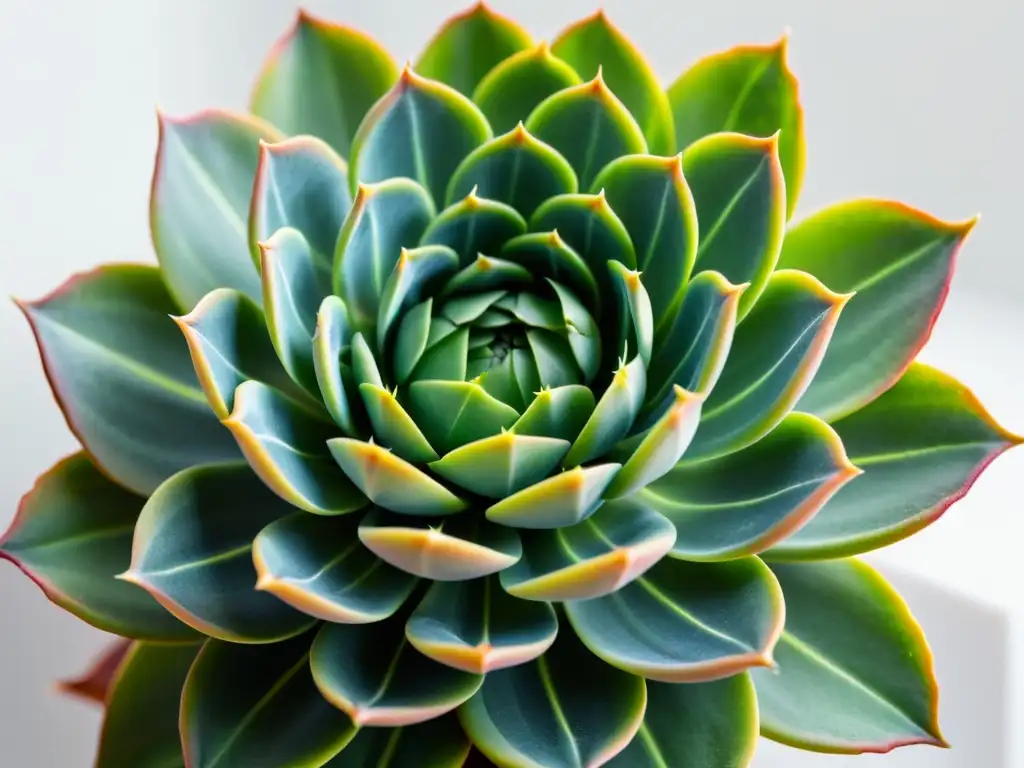 Técnica de composición fotográfica para plantas de interior: una suculenta verde en primer plano sobre fondo blanco, iluminada por suave luz natural