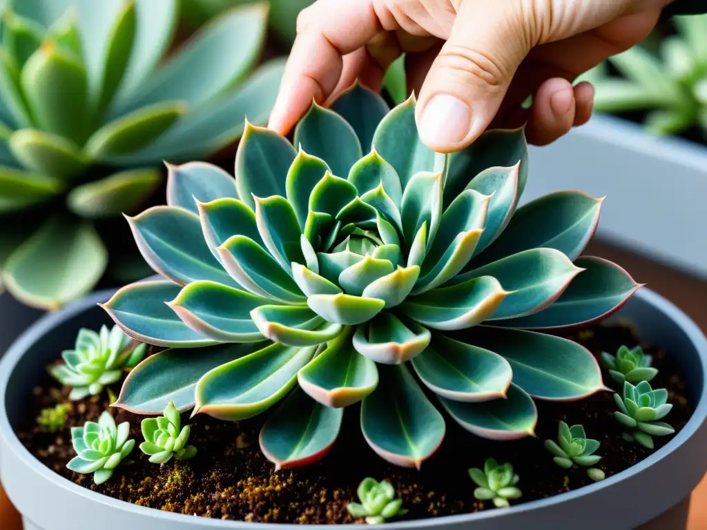 Técnica de multiplicación de plantas de interior: delicada separación de suculenta con raíces intrincadas y movimientos precisos del jardinero