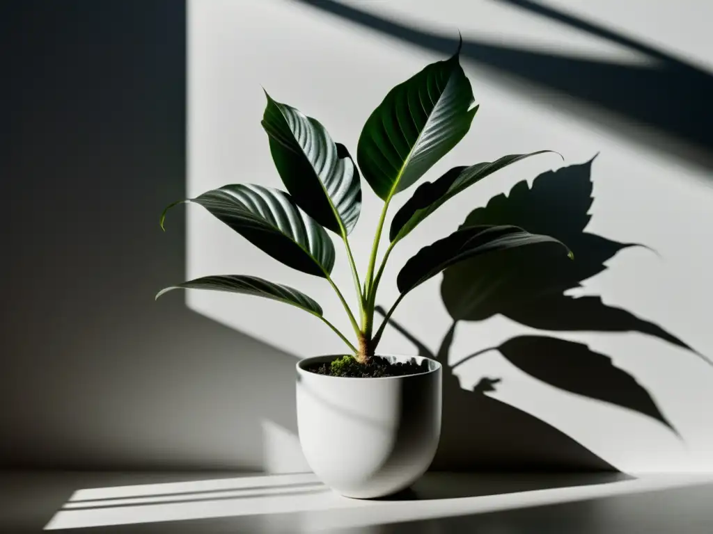 Técnica de iluminación para plantas de interior: Fotografía en blanco y negro de una exuberante planta bajo luz natural, con sombras detalladas en un entorno sereno y minimalista