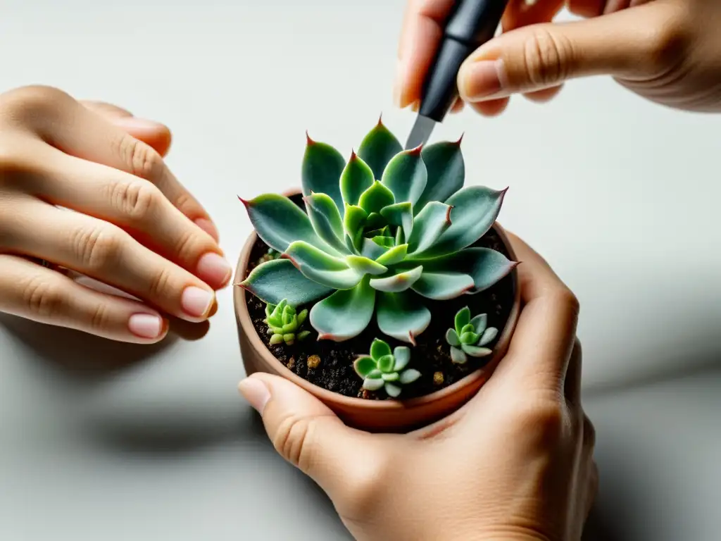 Técnica de propagación de plantas: manos cuidadosas separan pequeñas crías de suculenta con precisión, en un fondo blanco