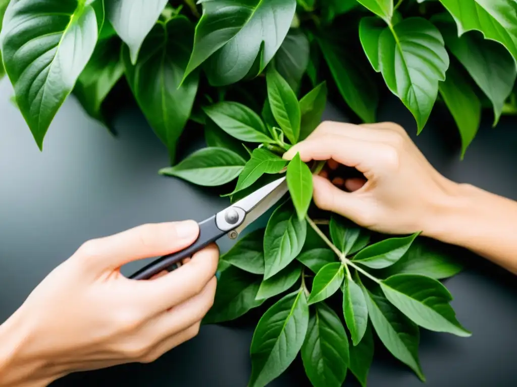 Podando con precisión: manos expertas cuidan planta interior Técnica de poda para plantas de interior: manos cuidadosas podan con precisión una exuberante planta verde en un ambiente luminoso y minimalista