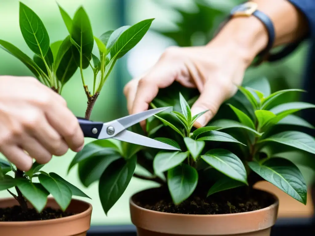 Técnica de poda para plantas de interior: manos expertas podan con precisión hojas verdes, bañadas en suave luz natural