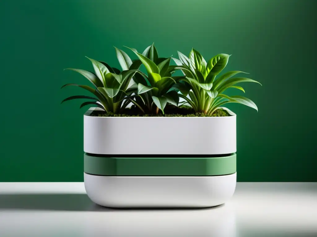 Técnica de riego inteligente para plantas de interior en elegante maceta blanca con plantas vibrantes y ambiente minimalista