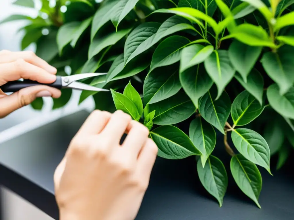 Técnicas avanzadas de poda en planta de interior: manos cuidadosas podando con precisión y amor