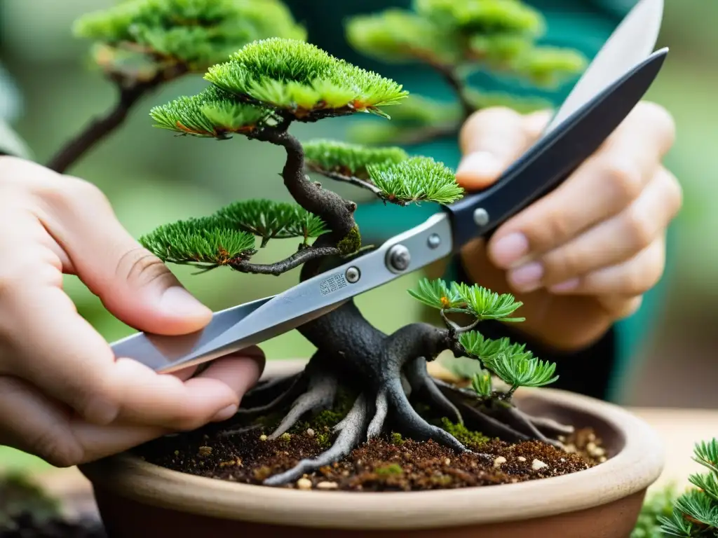 Técnicas de reproducción de bonsáis asiáticos: Manos expertas modelan con precisión un delicado árbol bonsái, transmitiendo calma y destreza