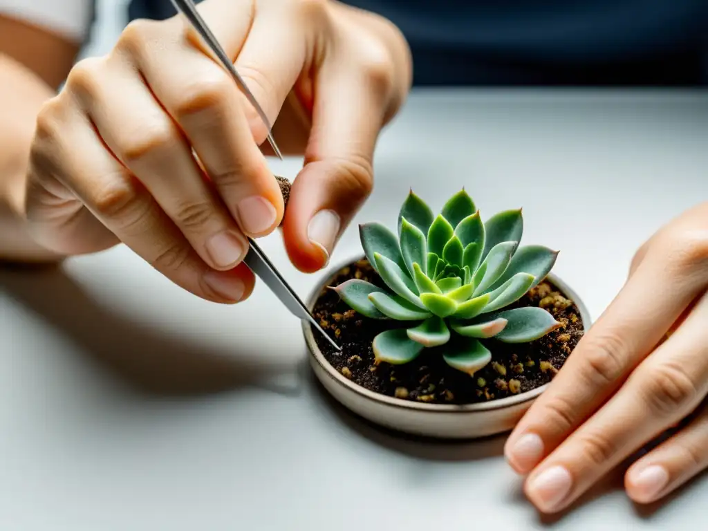 Técnicas de propagación de plantas de interior: Manos cuidadosas propagan una suculenta con precisión y delicadeza