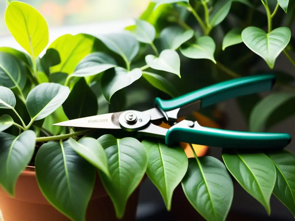 Podando con precisión: arte en el cuidado de plantas de interior Técnicas de poda para plantas de interior: Podaderas recortando hojas de planta de interior con delicadeza y precisión, bañadas por luz suave
