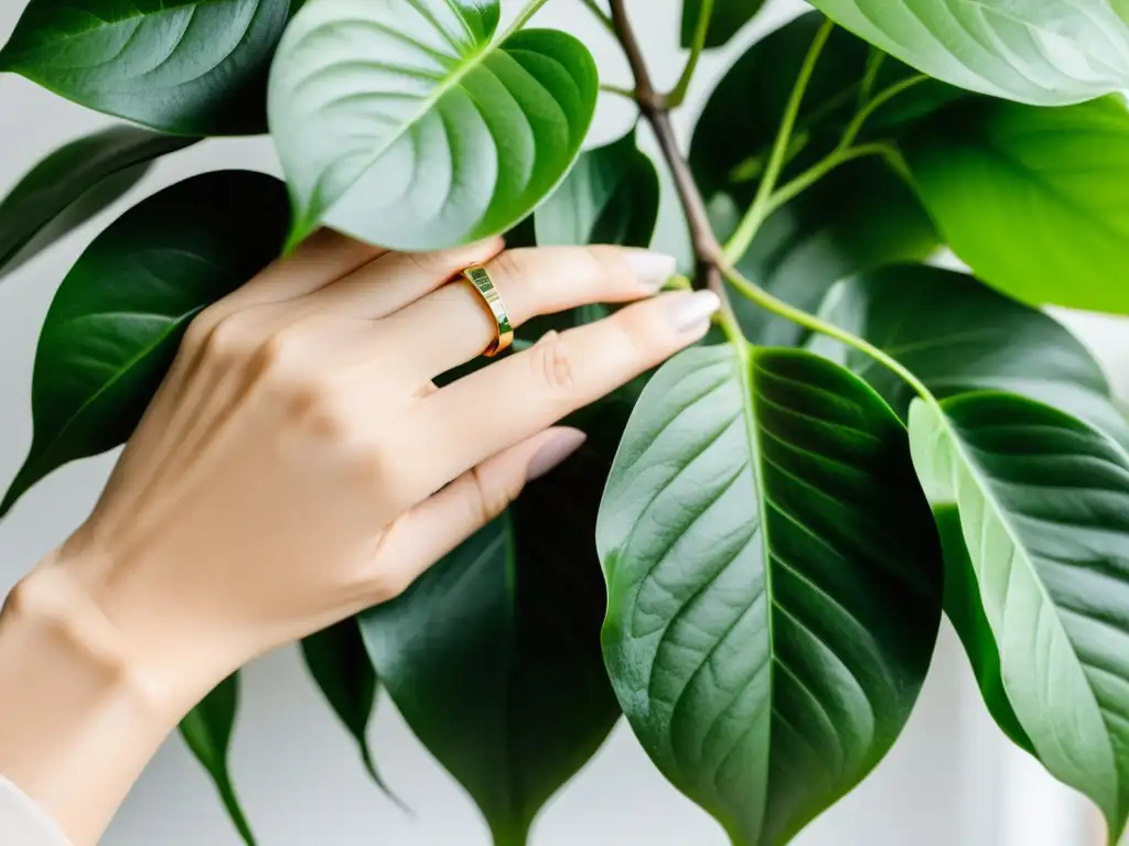 Técnicas de poda visual para plantas de interior: Manos cuidadosas podando hojas de planta de interior, con joyería moderna y ambiente luminoso