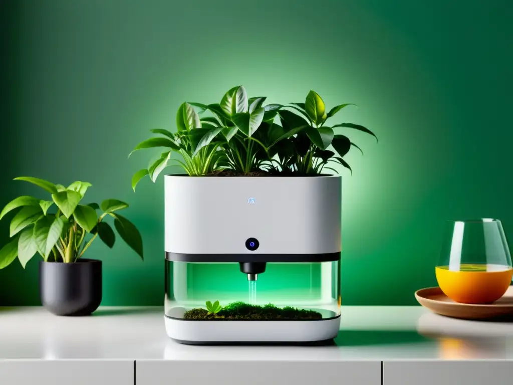 Técnicas de riego inteligente para plantas de interior: sistema moderno de riego con diseño minimalista en un entorno contemporáneo y exuberante