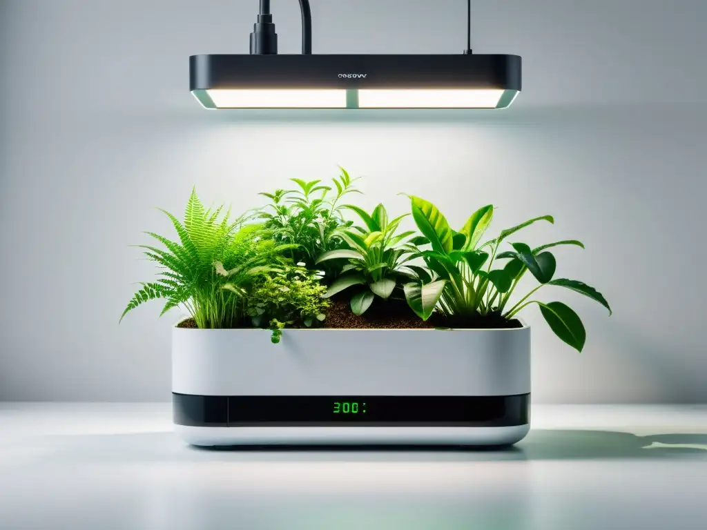 Tecnología para jardines de interior sostenibles: un sistema futurista con plantas verdes vibrantes en un entorno blanco y minimalista