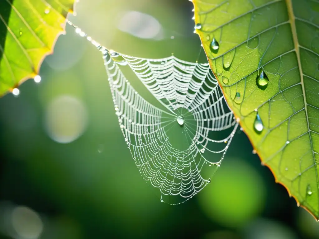 Una telaraña vibrante y delicada entre hojas verdes, con gotas de rocío que brillan con la luz del sol