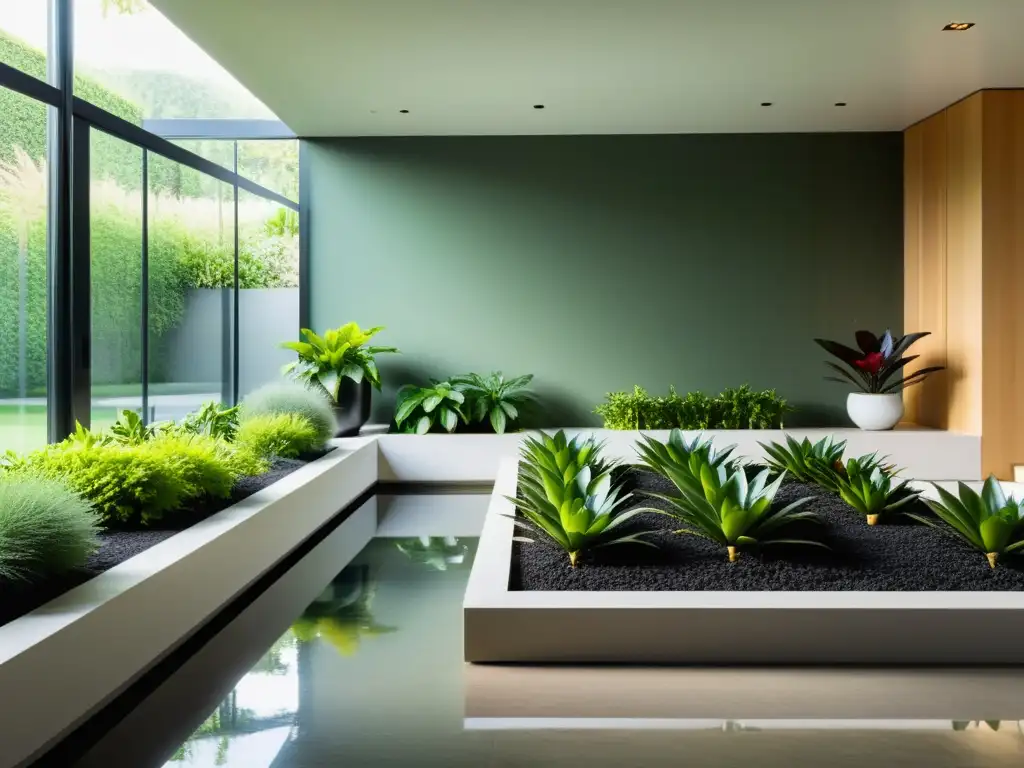 Tendencias en cuidado de plantas de interior: un jardín interior moderno, minimalista y vibrante, bañado en luz natural serena