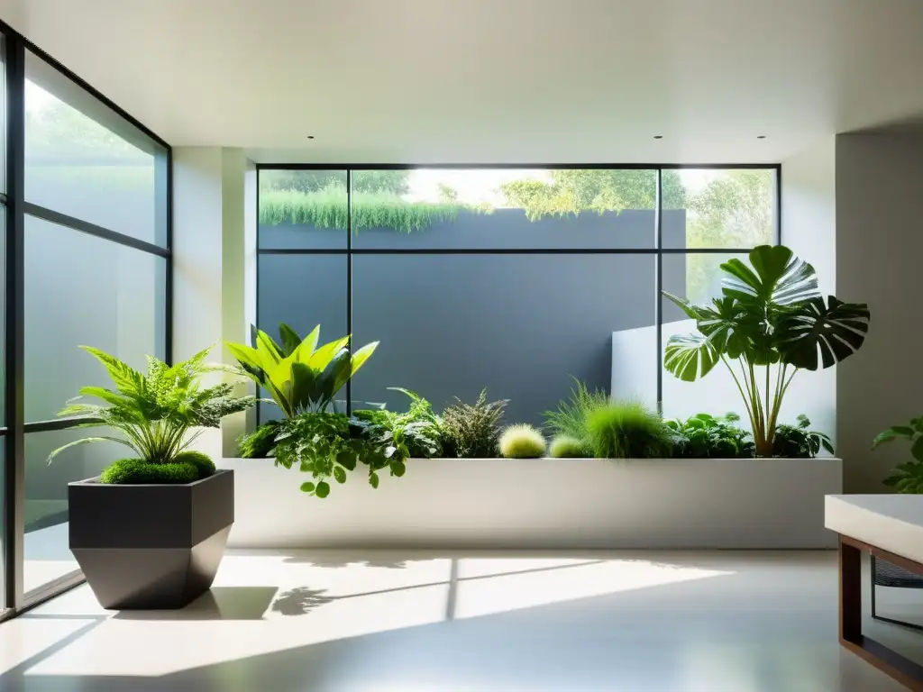 Innovación en tendencias de jardinería interior; un jardín sereno y minimalista con plantas vibrantes en modernos maceteros geométricos