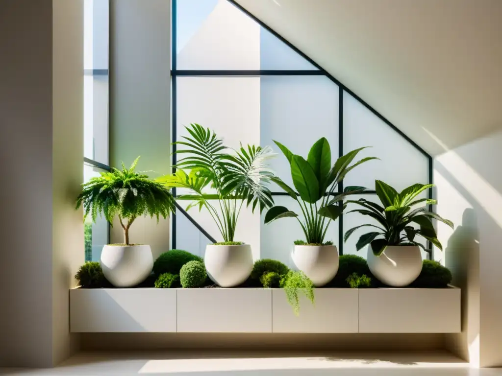 Tendencias de jardinería urbana interior: jardín interior moderno y sofisticado con plantas exuberantes en elegantes maceteros geométricos