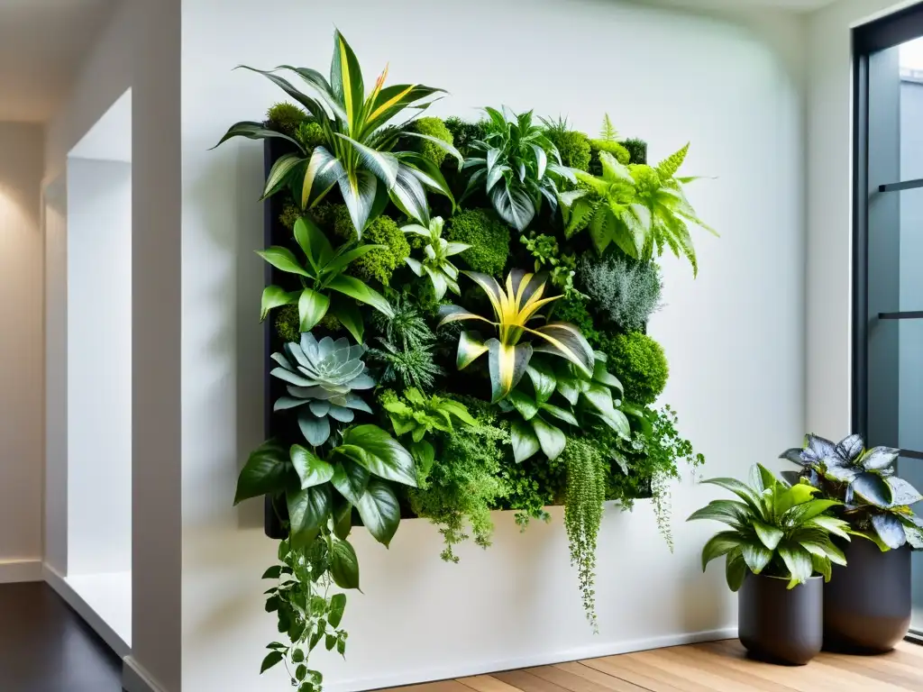 Tendencias de jardinería urbana interior: un jardín vertical moderno con plantas exuberantes y elegantes macetas, creando un espacio urbano vibrante