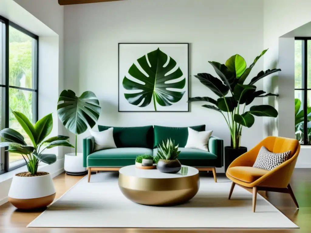 Tendencias plantas interior 2022: Sala moderna con plantas de interior trendy en macetas geométricas, creando una atmósfera serena y elegante