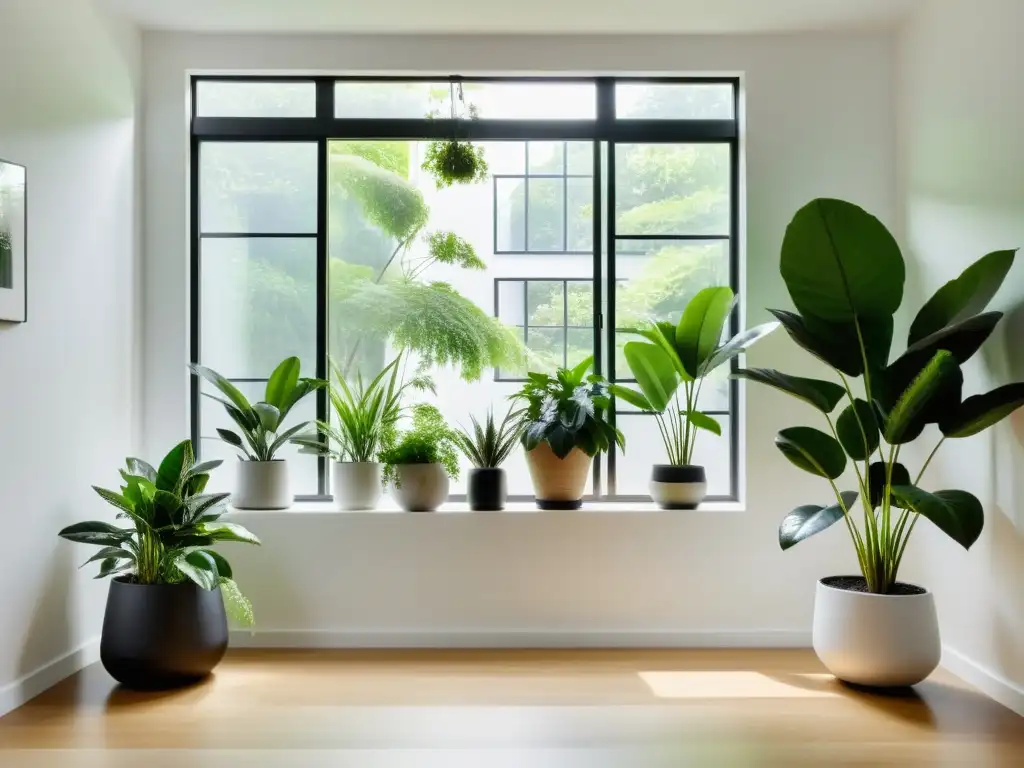 Terapia con plantas de interior: Sala minimalista con plantas verdes en macetas modernas, bañada por suave luz natural