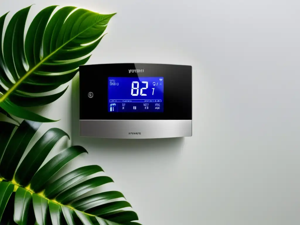 Un termostato digital minimalista con una exuberante planta tropical al fondo, mostrando lecturas precisas de temperatura y humedad