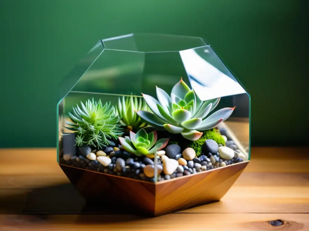 Terrario para meditación en casa: Un sereno terrario minimalista con suculenta, musgo y piedras, iluminado por luz natural