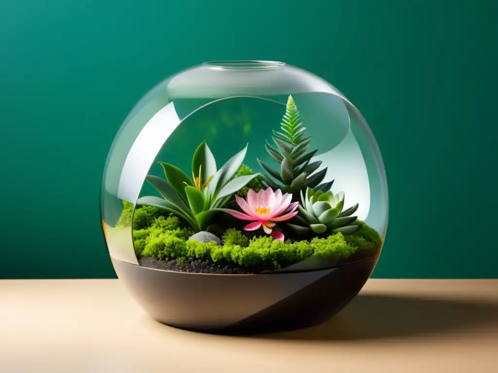 Un terrario cerrado con vegetación exuberante y flores coloridas en un recipiente de vidrio, con una sensación de serenidad