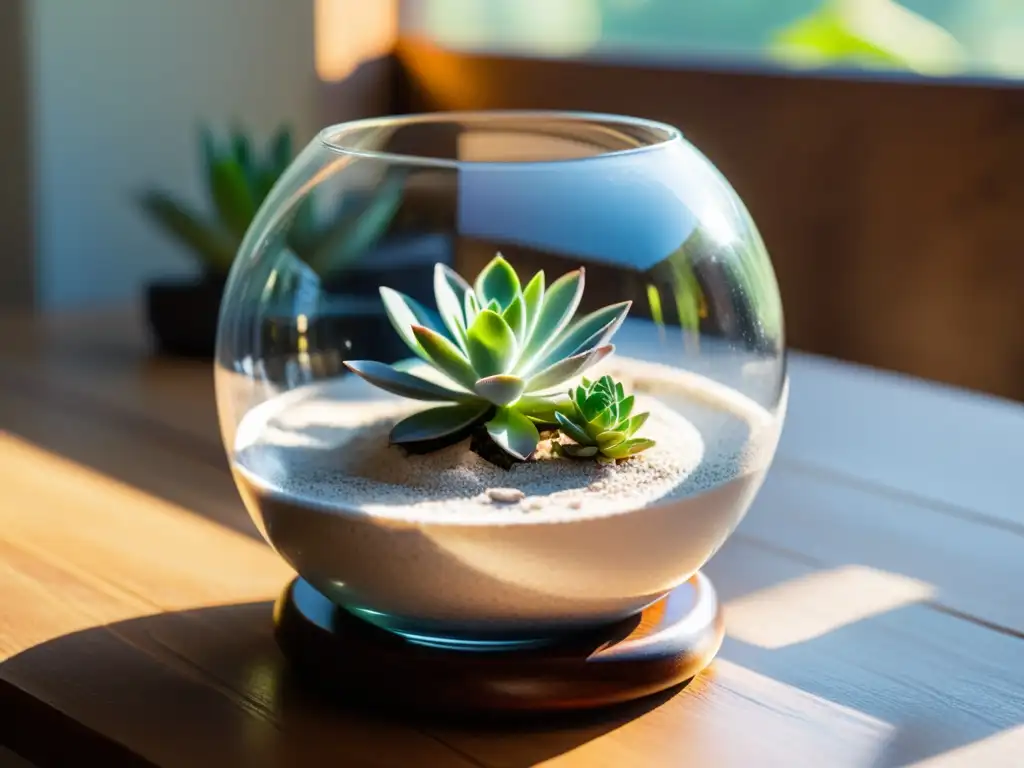 Un terrario de cristal con arena blanca y una suculenta