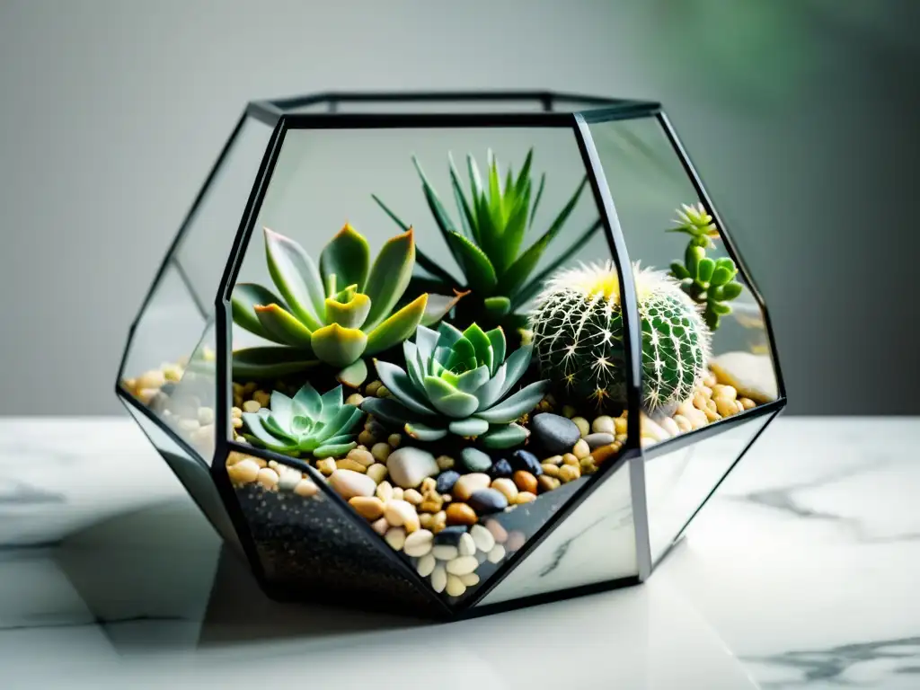 Un terrario de cristal con suculentas y cactus en un patrón geométrico minimalista