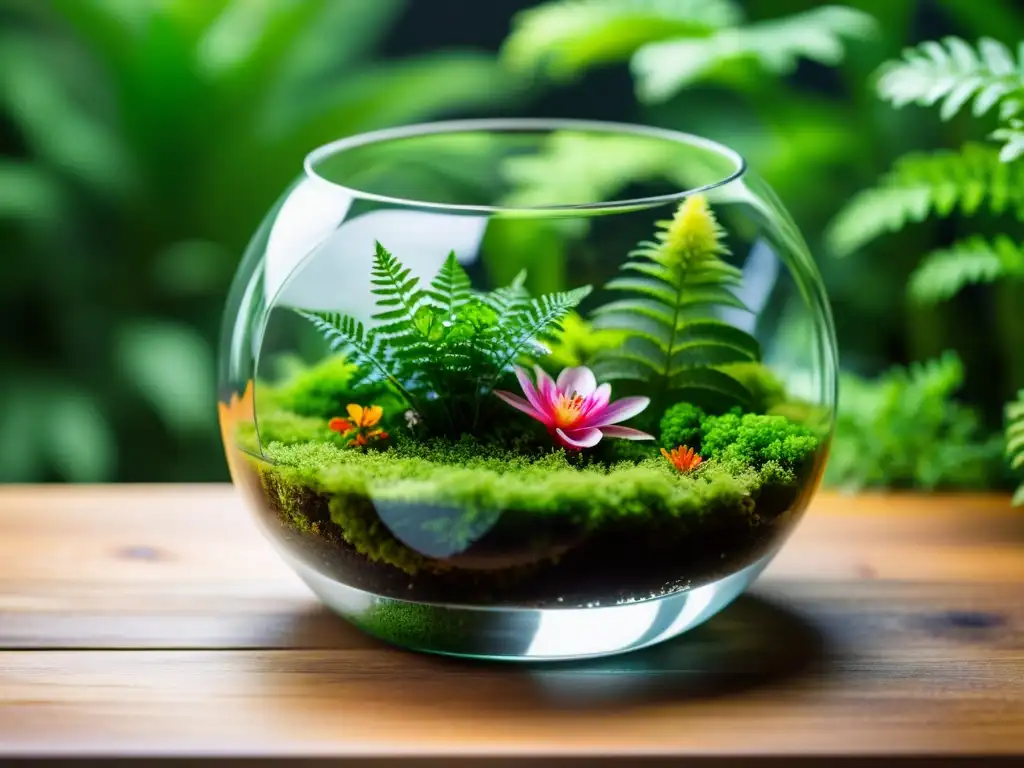 Terrario de cristal con exuberante vegetación y flores, iluminado por luz natural