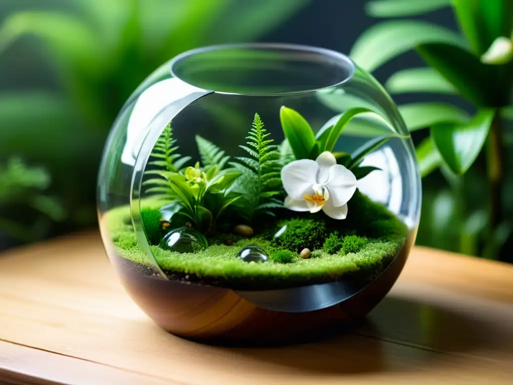 Un terrario de cristal con un exuberante tapiz verde de musgo, helechos y orquídeas, con diminutas gotas de agua en los costados