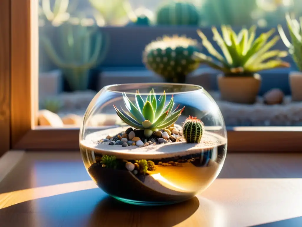 Un terrario de cristal con cactus en miniatura, bañado por la luz solar