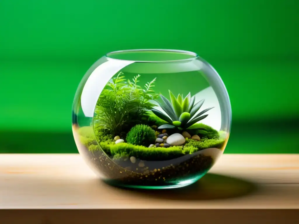 Un terrario de cristal minimalista con exuberante vegetación, plantas tropicales, musgo y piedras