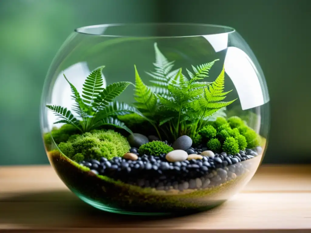 Un terrario de cristal minimalista con exuberante musgo verde, helechos delicados y pequeñas piedras en una composición tranquila y armoniosa