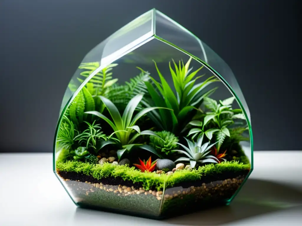 Terrario de cristal minimalista con exuberantes plantas tropicales en capas, iluminado por luz natural