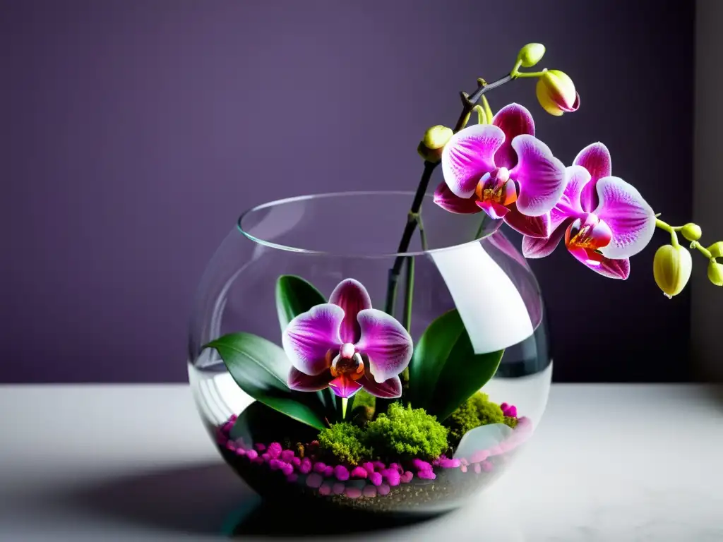 Un terrario de cristal moderno y elegante, lleno de orquídeas vibrantes en colores magenta, rosa y morado, iluminado suavemente