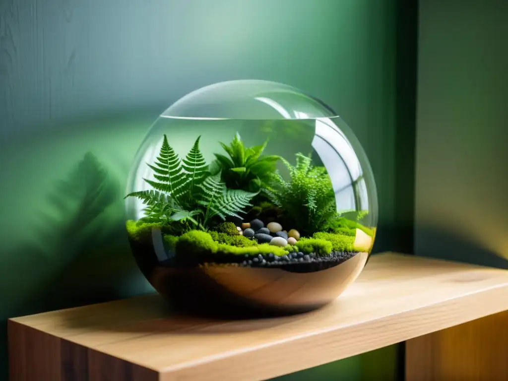 Un terrario de cristal moderno con musgo y helechos, bañado por luz suave