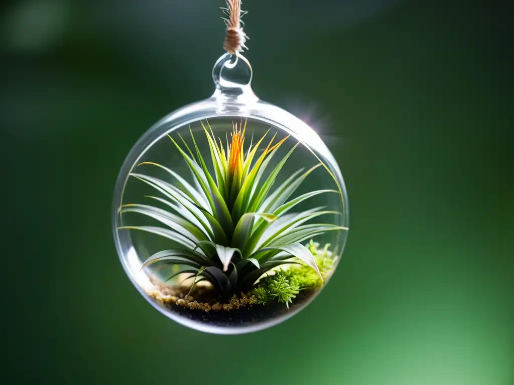 Un terrario de cristal con una planta Tillandsia en primer plano, iluminada suavemente, creando una atmósfera serena y minimalista