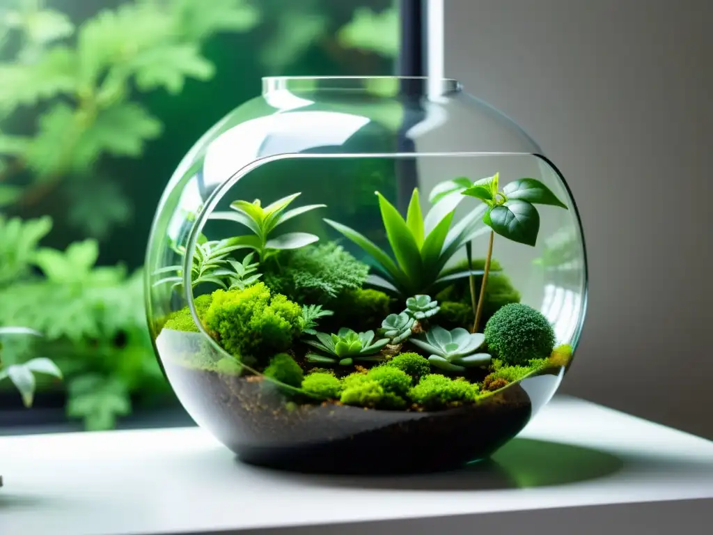 Un terrario de cristal con plantas verdes exuberantes, creando una composición equilibrada y minimalista